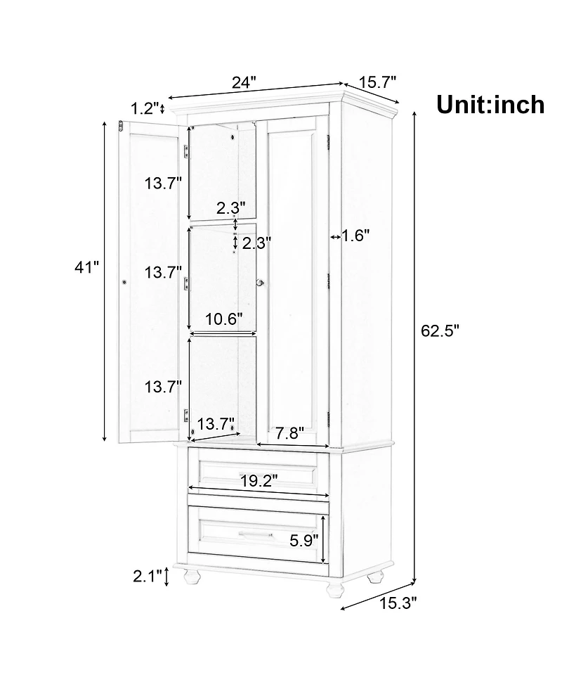 Airsurfer Tall Storage Cabinet with Two Drawers Grey Freestanding Organizer for Bathroom Office Living Room or Bedroom
