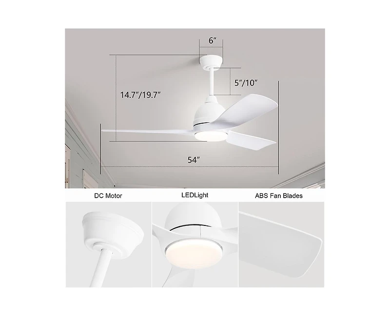 54-inch Modern Minimalist White 3-Blade Ceiling Fan with Led Light Remote Control Supports 6 Speeds and Timer Function
