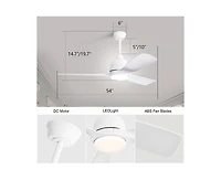 54-inch Modern Minimalist White 3-Blade Ceiling Fan with Led Light Remote Control Supports 6 Speeds and Timer Function