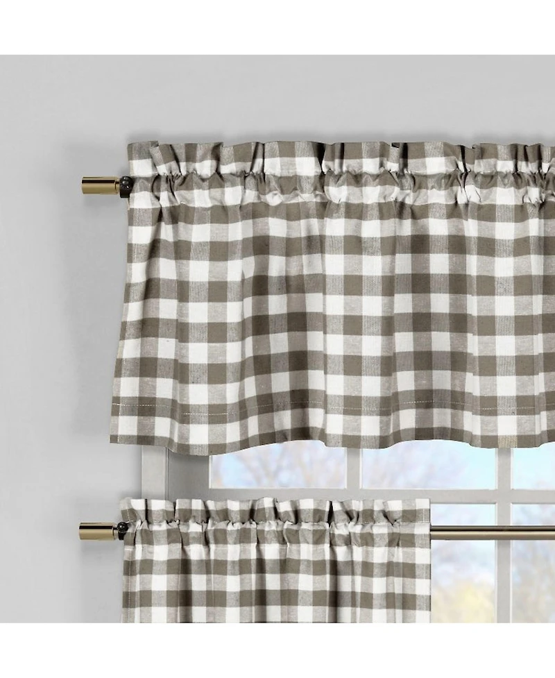Kate Aurora Complete 3 Piece Country Farmhouse Plaid Kitchen Curtain Tier & Valance Set - Muted Taupe