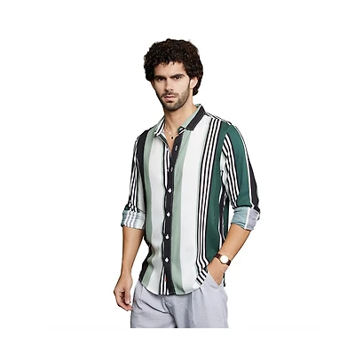 Campus Sutra Men's Jungle Green & Cream White Multitrack-Striped Shirt