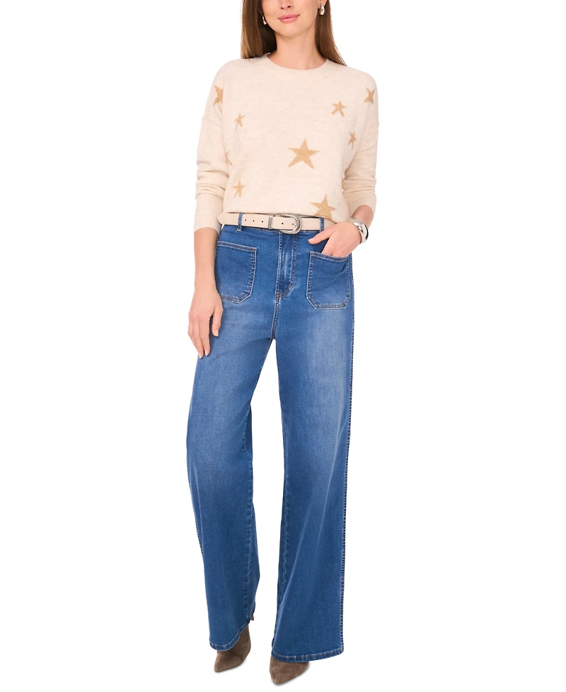 Vince Camuto Women's Cozy Crewneck Star-Print Dropped-Shoulder Sweater