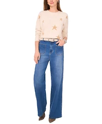 Vince Camuto Women's Cozy Crewneck Star-Print Dropped-Shoulder Sweater