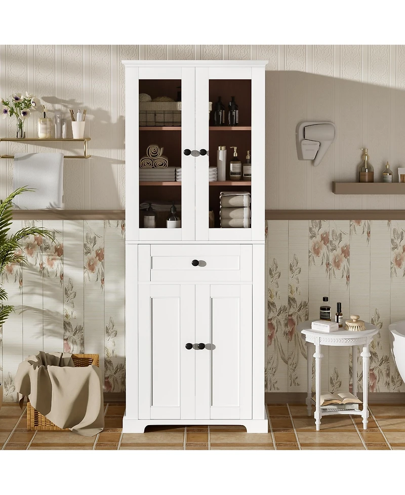 Airsurfer 67.2" Tall Bathroom Storage Cabinet with Tempered Glass Doors, Adjustable Shelves, Drawer, Modern Freestanding Linen Tower with Soft-Cl