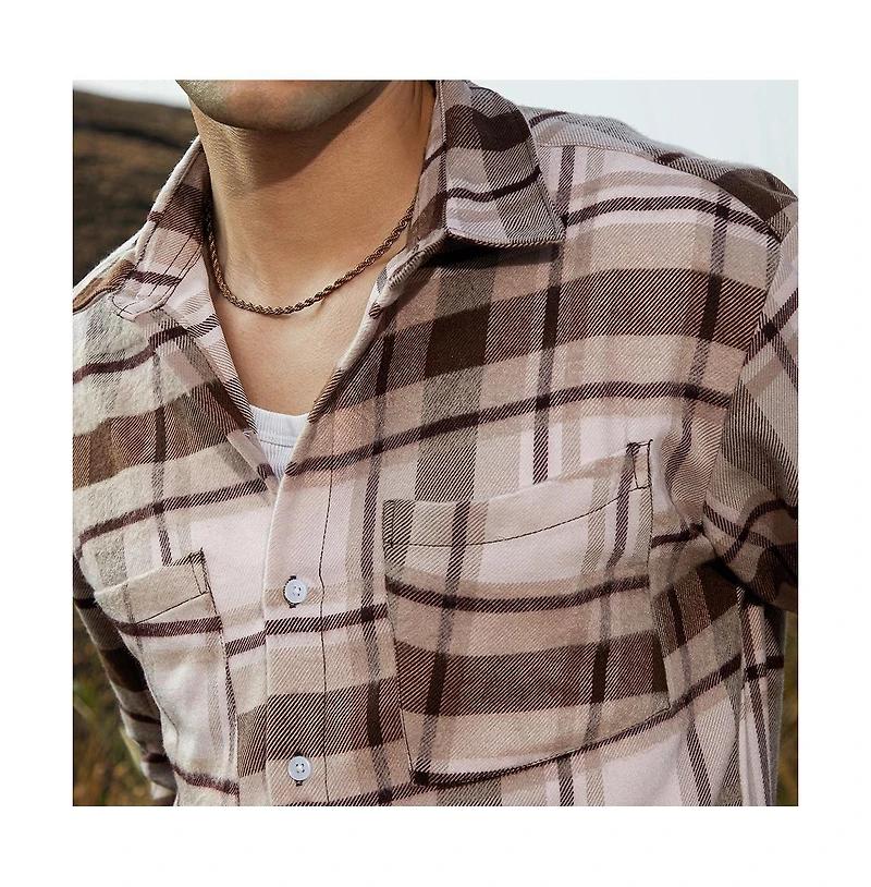 Campus Sutra Men's Saltbox Beige & Pecan Brown Tartan Utility Shacket