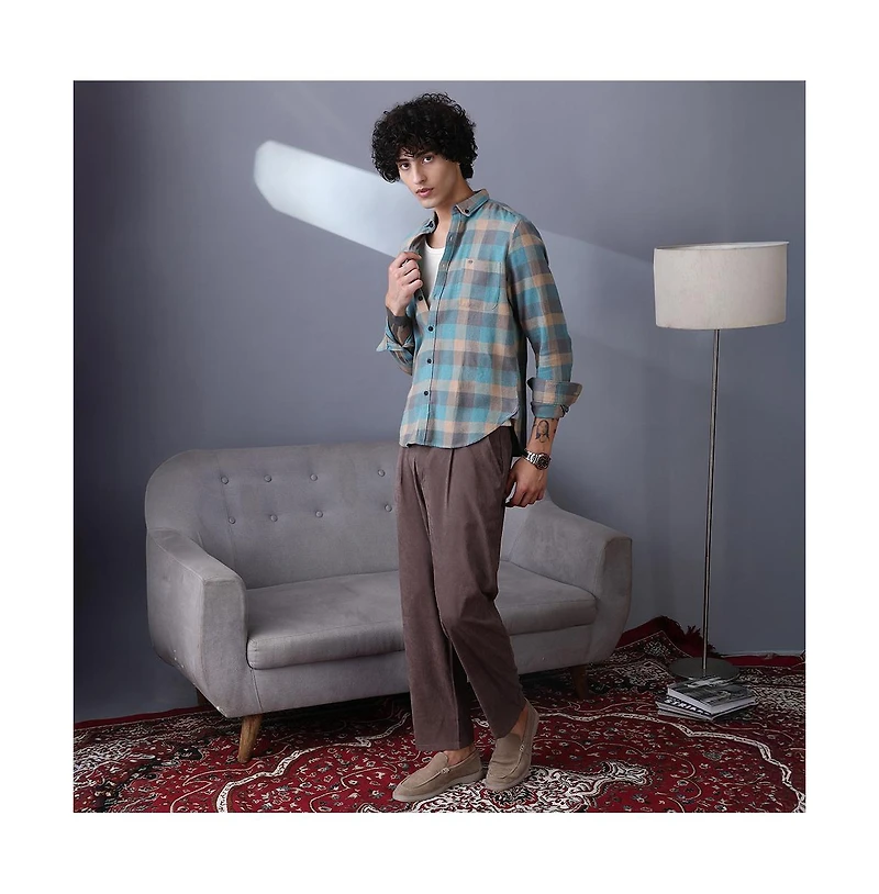 Campus Sutra Men's Sky Blue & Ecru Beige Block-Buffalo Regular Shirt