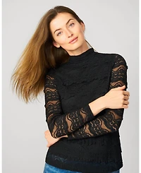 Cable & Gauge Women's Ruffle Lace Stretch Mock Neck Top