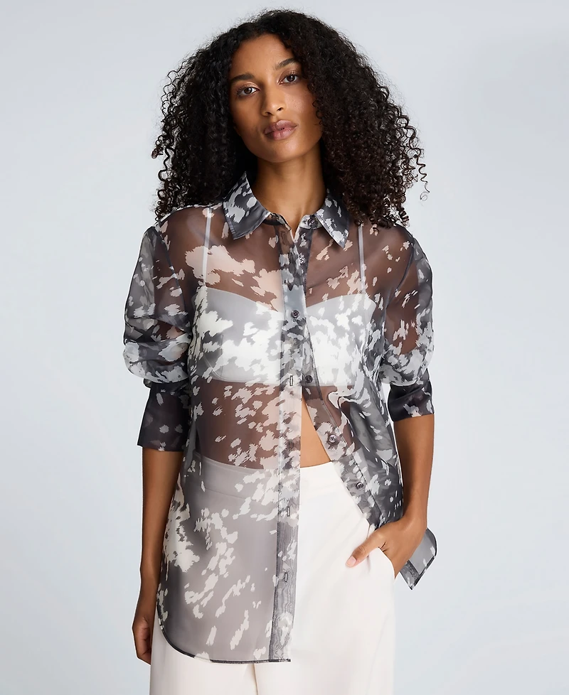 Kenneth Cole Women's Printed Oversized Button-Front Long-Sleeve Shirt