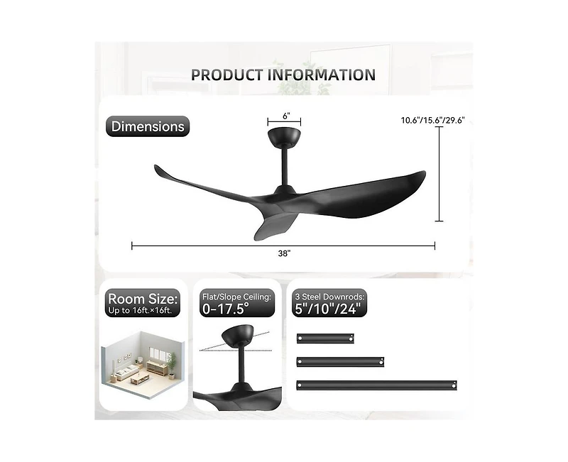 38-inch Modern 3-Blade without Light Ceiling Fan with Six Speed Remote Control and Timing Function for Indoor