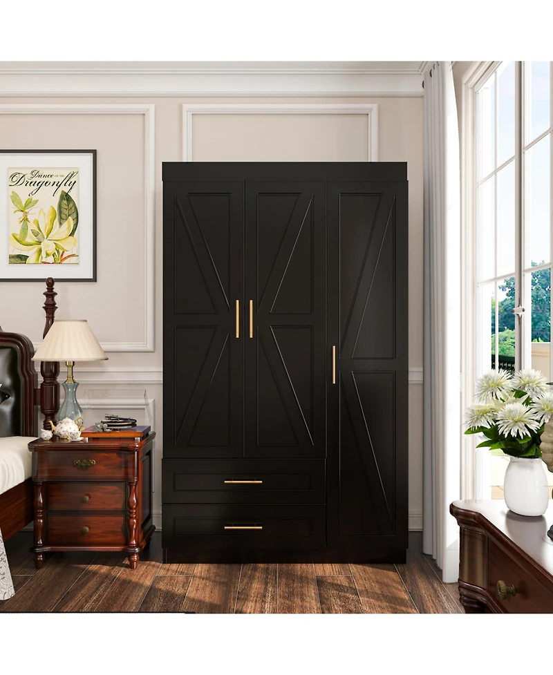 Freestanding Wood Bedroom Armoire with Hanging Rod and Shelves