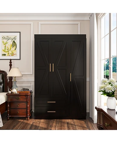 Freestanding Wood Bedroom Armoire with Hanging Rod and Shelves