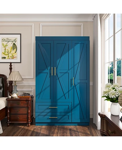 Lovmor Freestanding Wood Hanging Rod & Shelves Bedroom Armoire