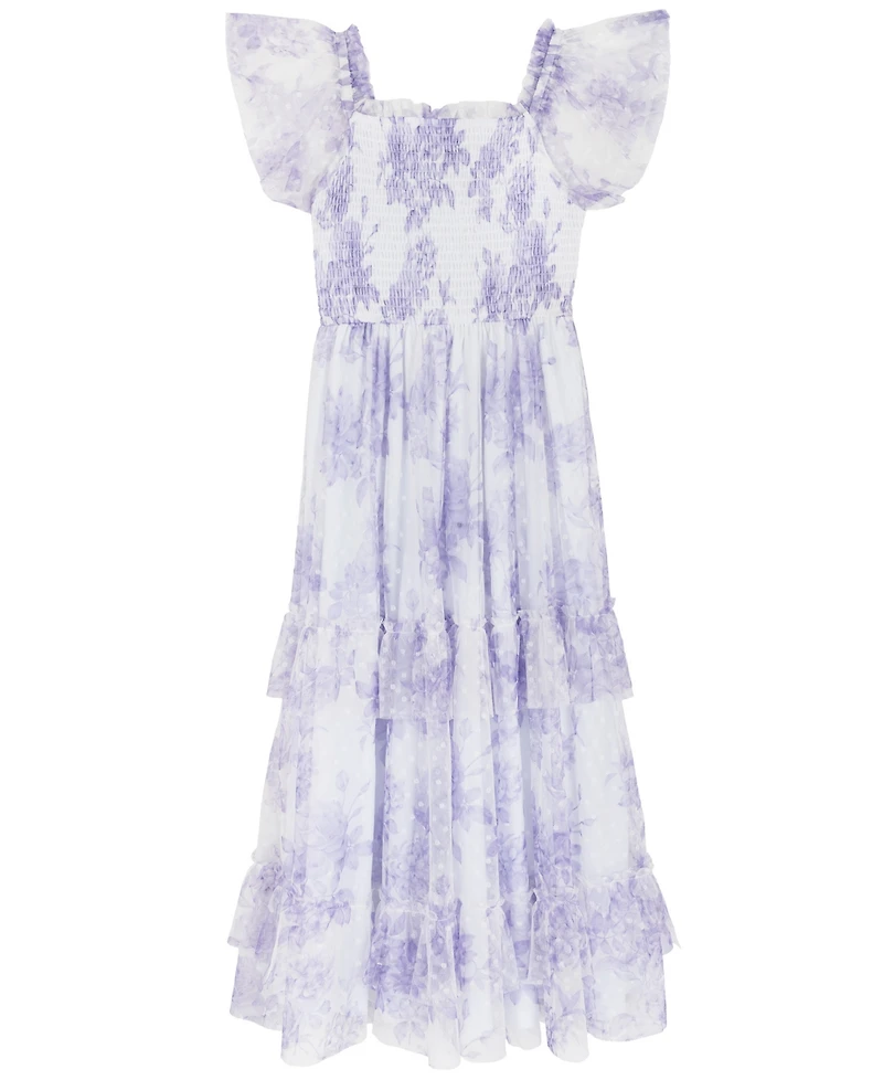 Rare Editions Girls 7-16 Clip Dot Mesh Smocked Bodice Dress