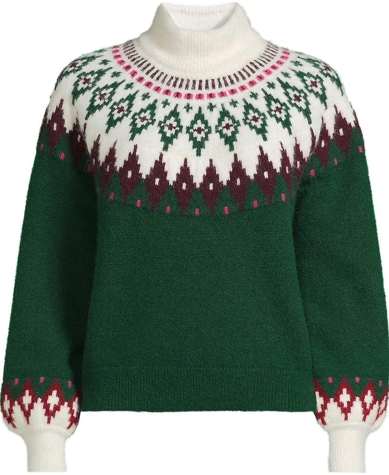 Lands' End Plus Fuzzy Turtleneck Lantern Sleeve Jacquard Sweater