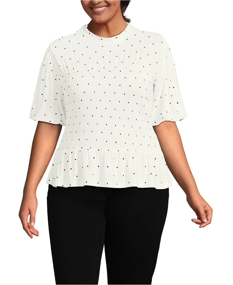 Lands' End Plus Bubble Sleeve Silky Knit Smocked Mock Neck Top