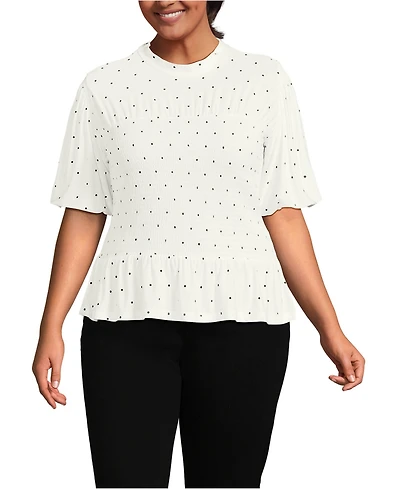 Lands' End Plus Bubble Sleeve Silky Knit Smocked Mock Neck Top