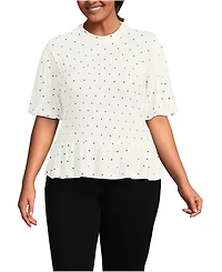 Lands' End Plus Bubble Sleeve Silky Knit Smocked Mock Neck Top