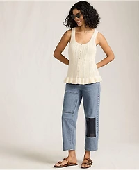 Lands' End Women's Soft Denim Mid Rise Relaxed Straight Crop Patchwork Jeans