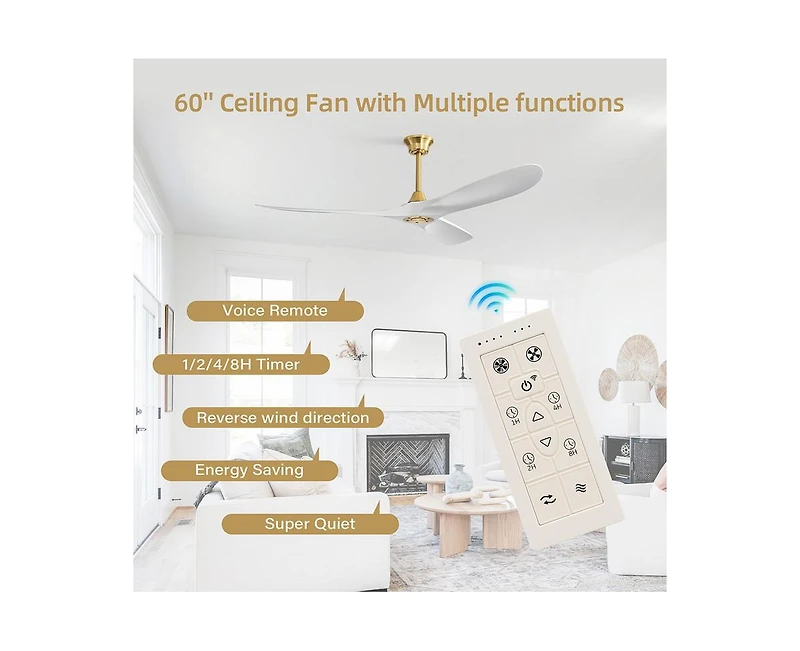 60-inch Modern Luxury Golden 3-Blade Ceiling Fans with Remote Control and Timer Function