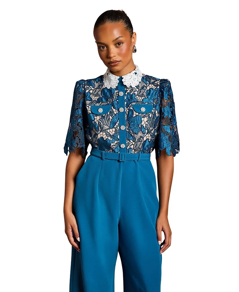 Coast Women's Petite Lace Shirt Short Sleeve Jumpsuit