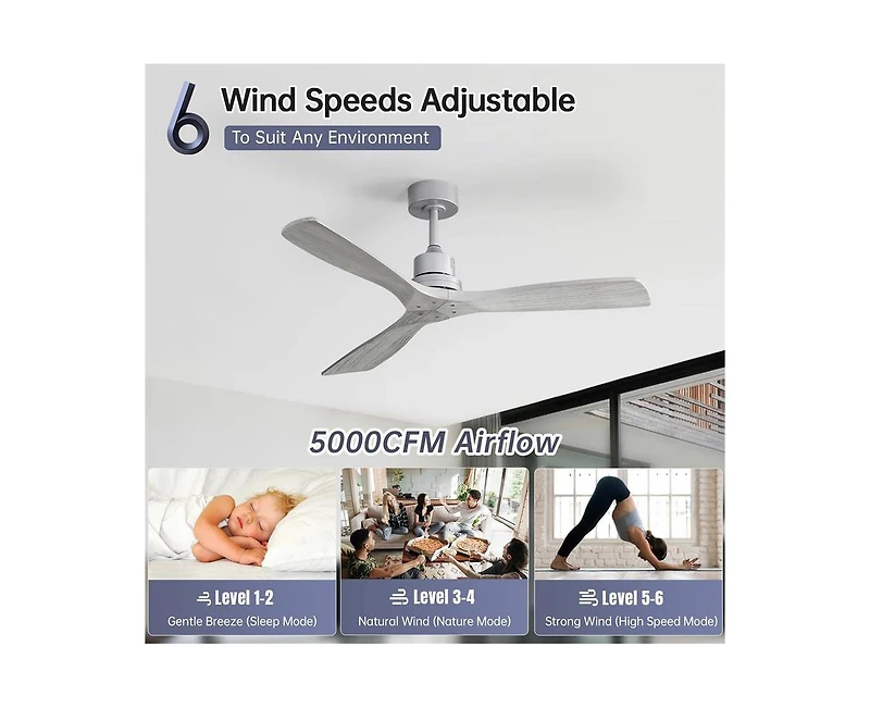 Sofucor 52-inch Modern Silver 3 Blades Walnut Ceiling Fan with 6 Speed Remote control and Timing and Forward Reverse Rotation Function for Indoor