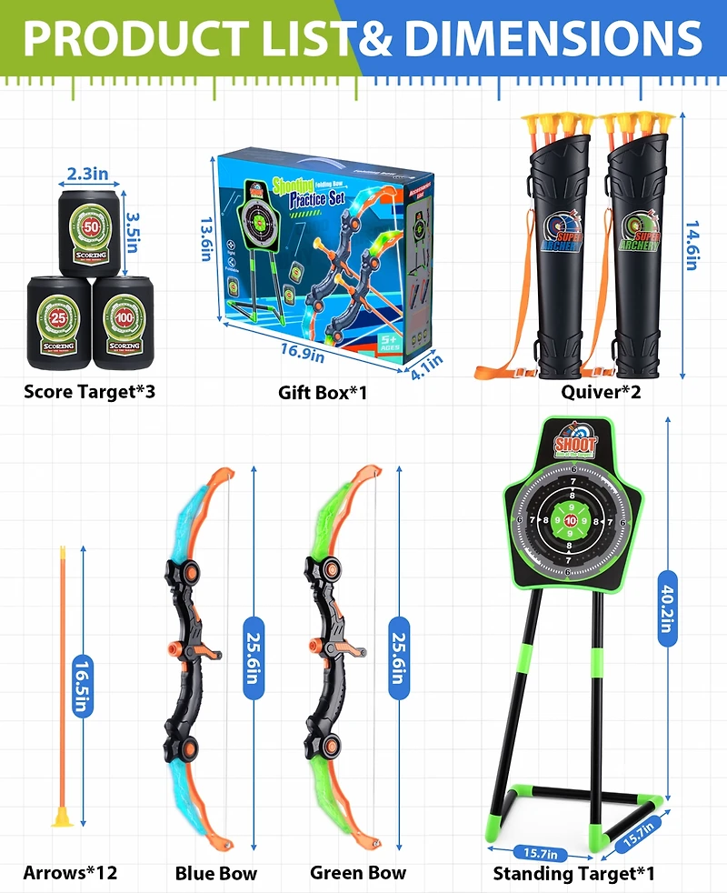 2-Pack Led Bow and Arrow Set for Kids with 12 Suction Arrows, 1 Standing Target, 3 Score Targets & 2 Light-u Quiver