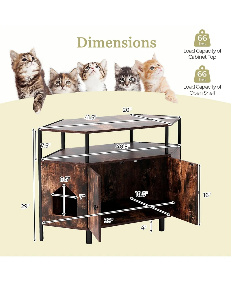 Gymax Corner Cat Litter Box Enclosure End Table w/ Open Shelf 2 Entries Double Doors