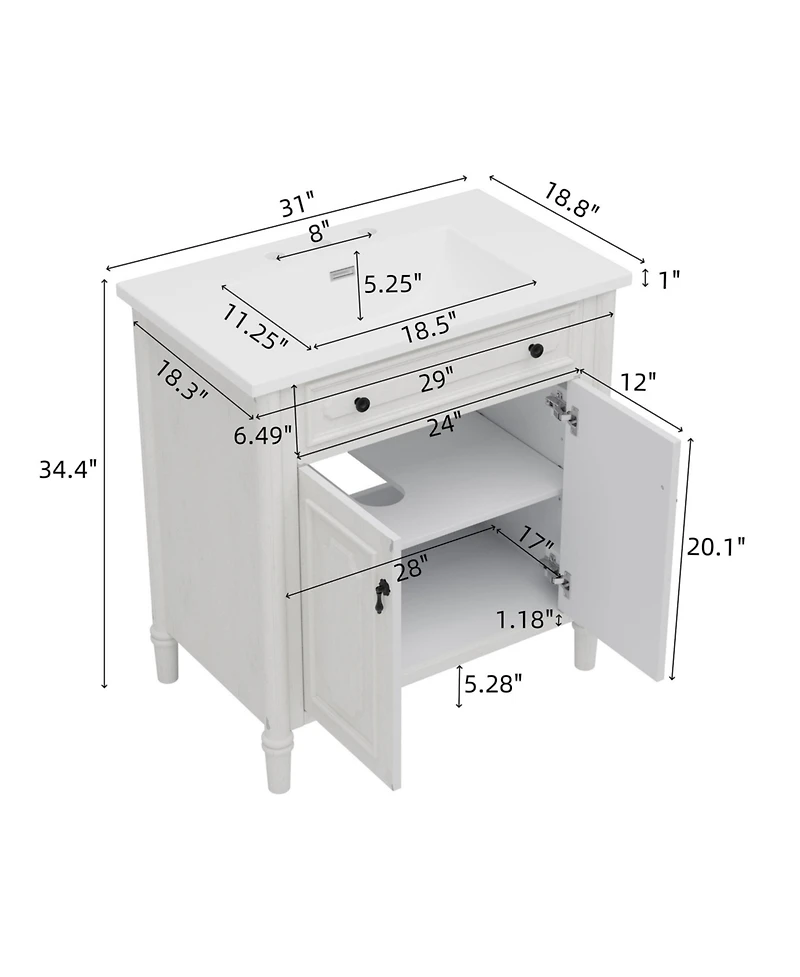 Boyel Living 31" Vintage Bathroom Vanity with Sink, Soft-Close Doors, Curved Profile & Adjustable Shelf, Gray