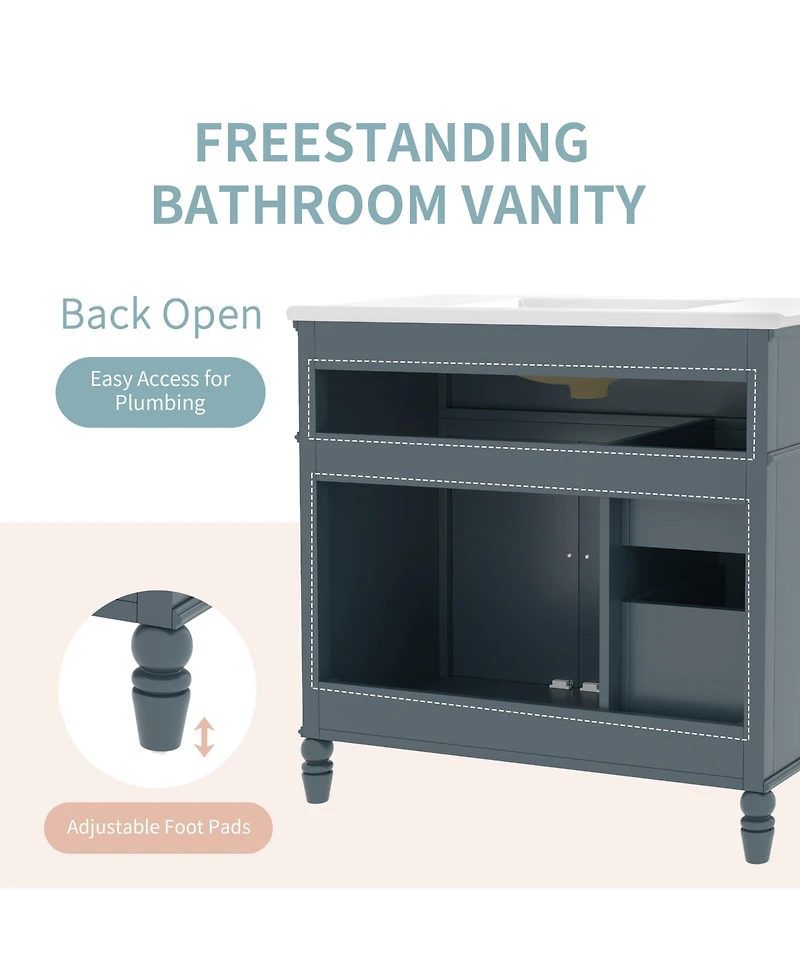 Boyel Living 36" Bathroom Vanity with Sink, Blue Bathroom Cabinet with Drawers, Solid Frame and Mdf Board