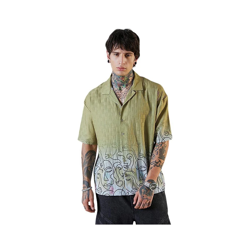 Campus Sutra Men's Pistachio Green Faces-Ombre Oversized Shirt