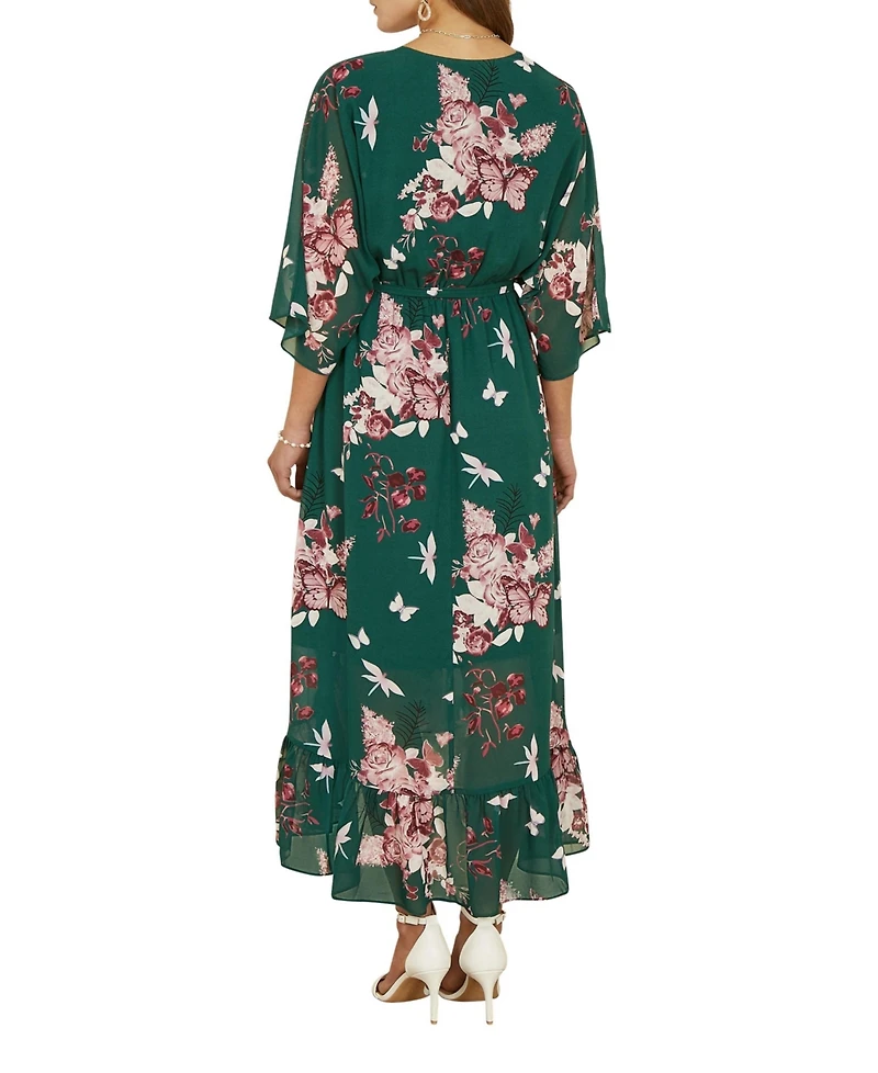 Yumi Women's Floral Kimono Dipped Hem Dress