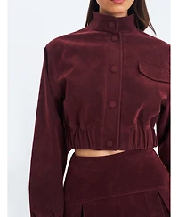 Miss Circle Women Farryn Mahogany Faux Suede Cropped Bomber Jacket