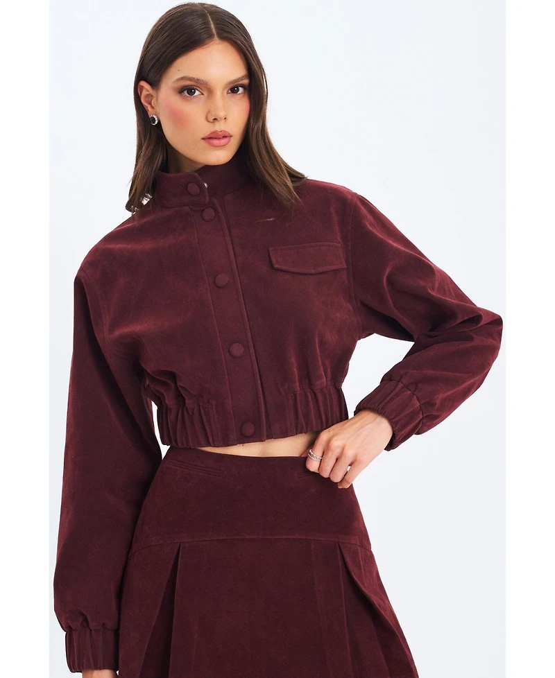 Miss Circle Women Farryn Mahogany Faux Suede Cropped Bomber Jacket