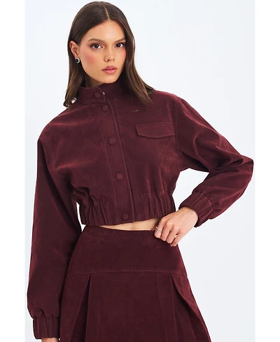 Miss Circle Women Farryn Mahogany Faux Suede Cropped Bomber Jacket
