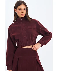 Miss Circle Women Farryn Mahogany Faux Suede Cropped Bomber Jacket