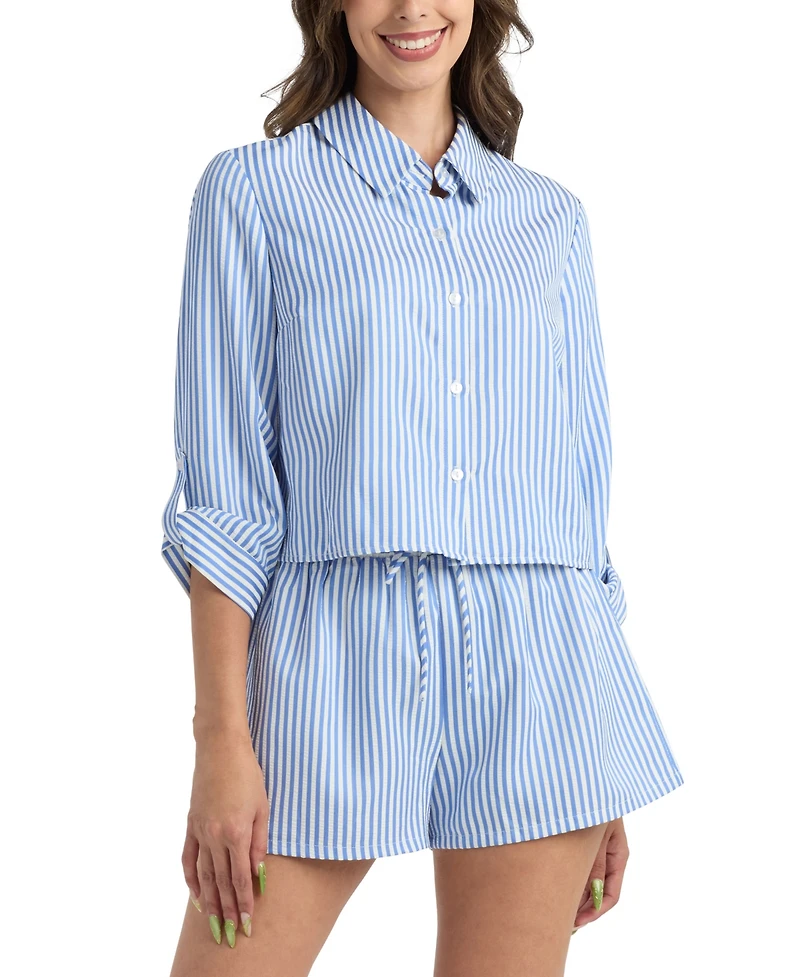 Bcx Juniors' Striped Crop Collared Shirt