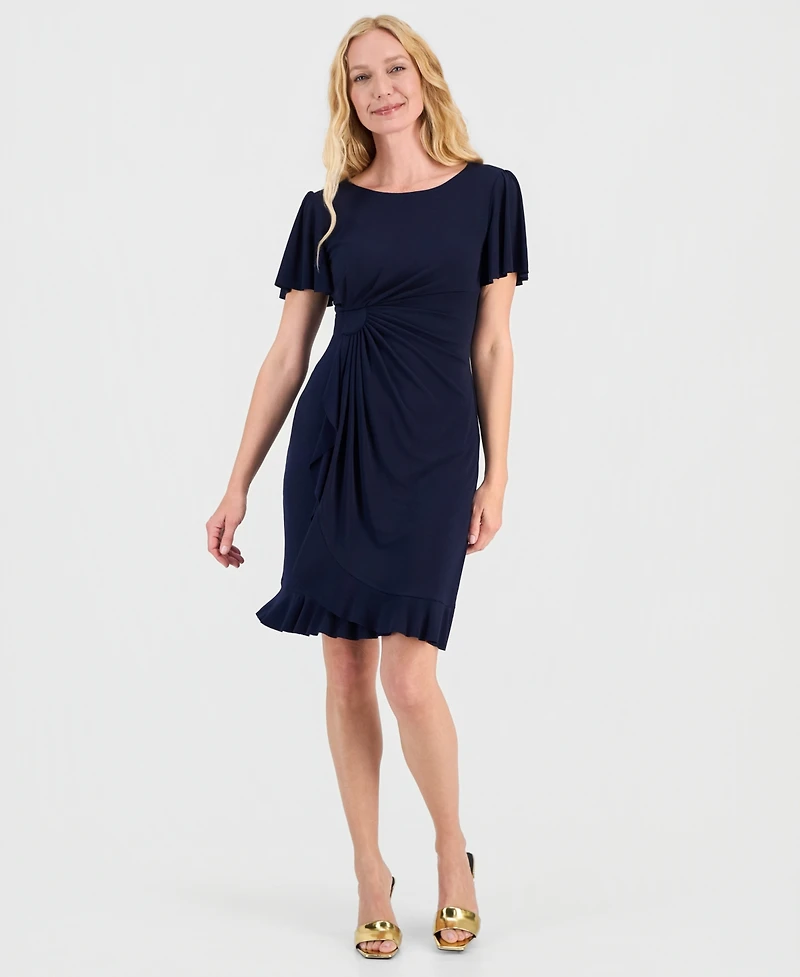 Connected Women's Side-Gathered Flutter-Sleeve Dress