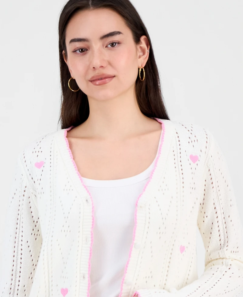 Hooked Up by Iot Juniors' Pointelle Embroidered Cardigan