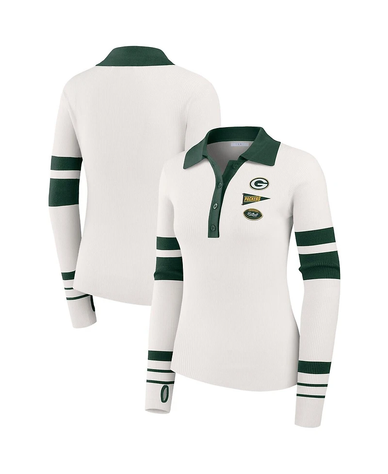 Wear by Erin Andrews Women's White Green Bay Packers Ribbed Henley Polo Shirt
