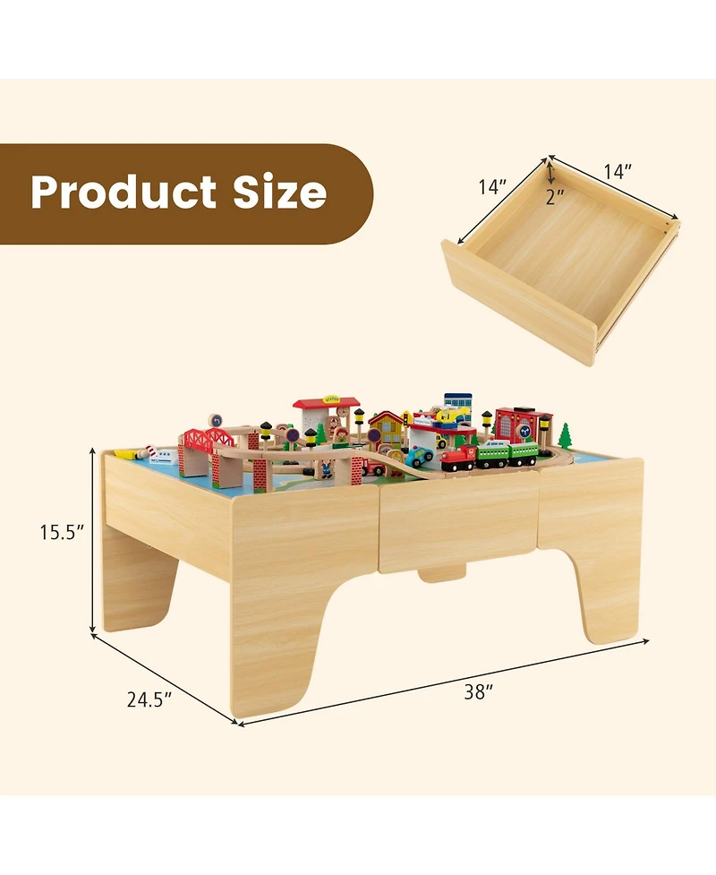 Mecale 84-Piece Wooden Train Set with Reversible and Detachable Tabletop