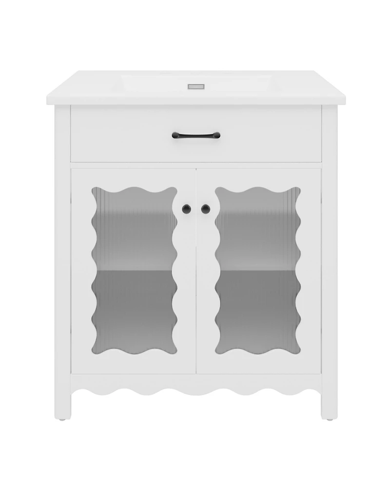 Airsurfer 31 Inch Bathroom Vanity with Tempered Glass Modern Bathroom Cabinet with Rubber Wood Legs and Soft Close Doors Freestanding Storage White