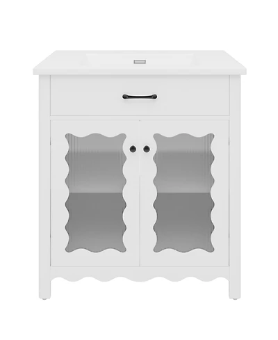 Airsurfer 31 Inch Bathroom Vanity with Tempered Glass Modern Bathroom Cabinet with Rubber Wood Legs and Soft Close Doors Freestanding Storage White