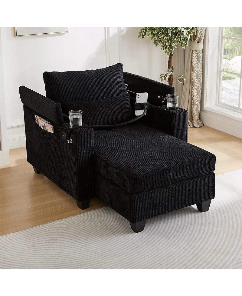 Convertible Chaise Lounge 37.4 Inches Sofa Chair Bed Corduroy Sleeper with Usb Ports , Two Cup Holders, Phone Holder and Ample Storage Space