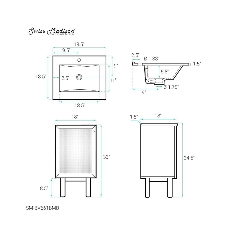 Swiss MadisonClasse 18" Freestanding Bathroom Vanity in Black Oak with Black Sink Top