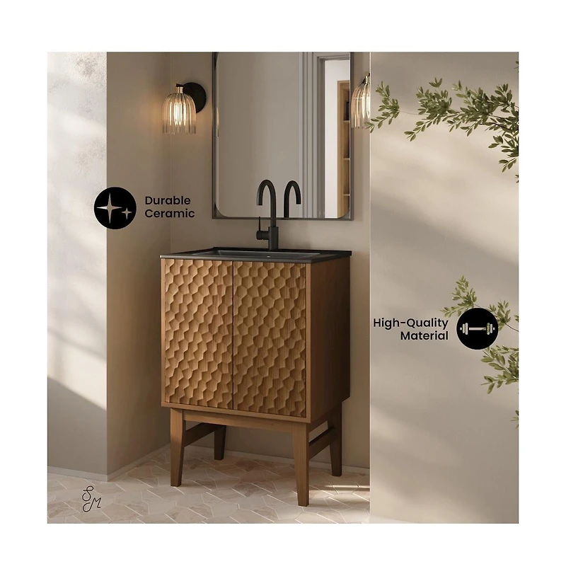 Swiss Madison Bosse 24" Freestanding Bathroom Vanity in Brown Oak with Black Sink Top