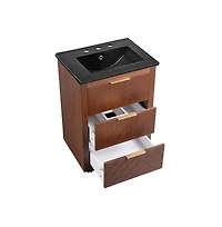 Swiss Madison 24" Freestanding Bathroom Vanity in Brown Oak, Black 3-Hole Centerset Sink Top
