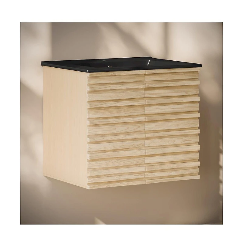 Swiss MadisonCascade 24; Wall-Mounted Bathroom Vanity in Natural Oak with Black Sink Top