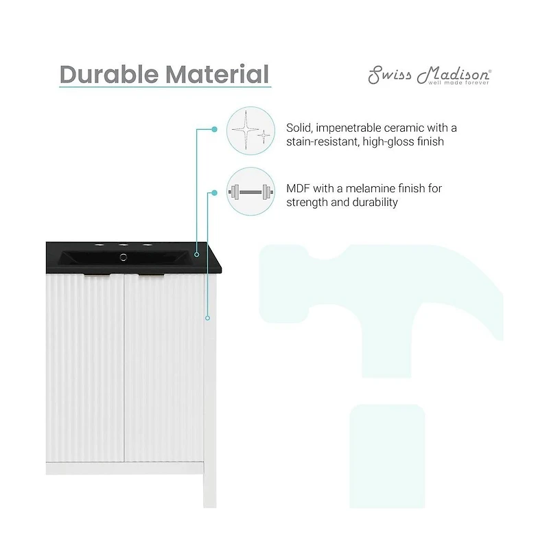 Swiss Madison Bastille 24 in. White Bathroom Vanity With Black, 3-Hole Ceramic Sink Top