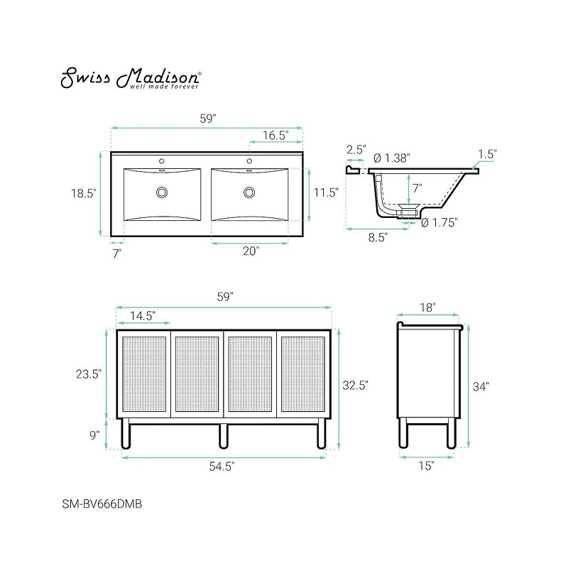 Swiss Madison60" Freestanding Bathroom Vanity in Golden Oak with Black Double Basin Sink Top