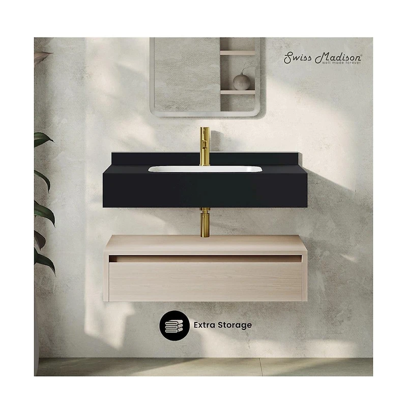 Avancer 36" Wall-Mounted Bathroom Vanity in White Oak with Black Marble Sink Top